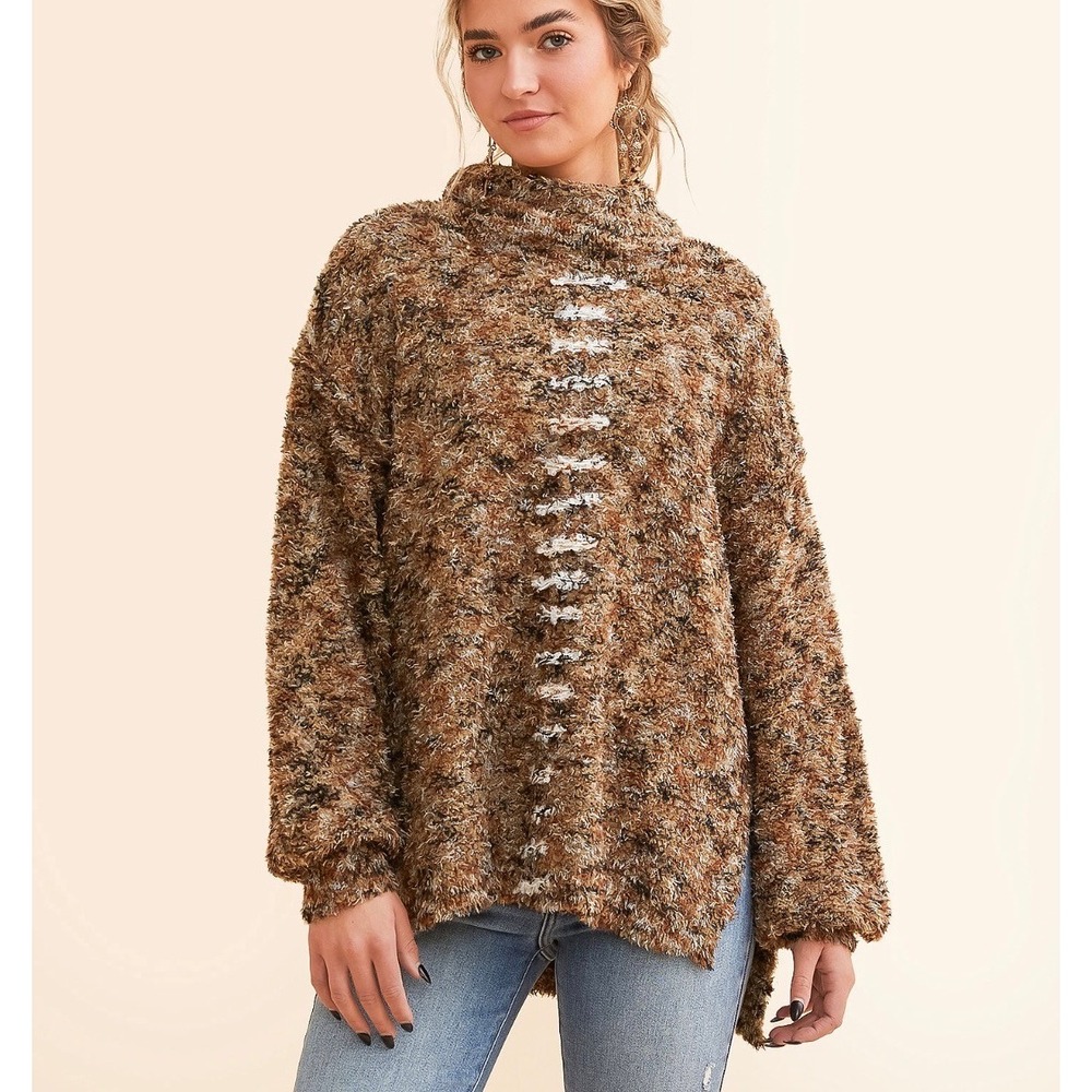NWT BKE Women Olive Multi Eyelash Knit Football Lace Up Turtleneck Sweater Large